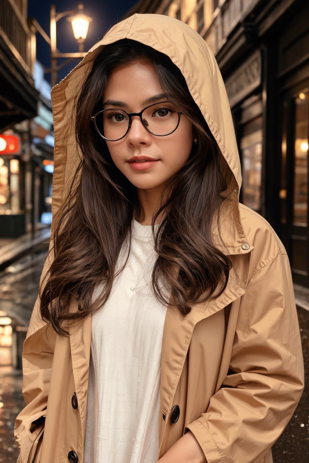 A girl with glasses, no makeup, long brunette hair, brown eyes, perfect eyes, 30 years old, detailed beautiful and mysterious face, cheek mole, wearing long dark brown classic old Raincoat, veil BREAK. Walking Carefully BREAK. In 1960s, on the street of old city at rainy night BREAK. Background blurred running peoples are avoiding rain BREAK. Minimung lighting of streets lamps BREAK long distance shot, full body shot BREAK, chalm, highly realistic, super detailed subject, perfectly, proportional, UHD, 8k Resolution, artistic, masterpiece, gloomy, RAW, depth of field BREAK