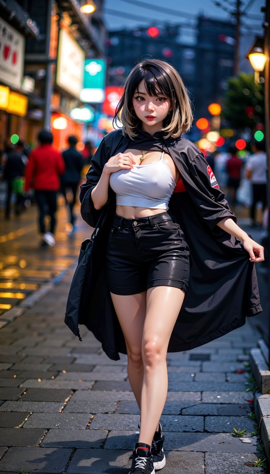 Exhibitionisme, A Pretty girl, 20 years old, her beautiful black eyes, no makeup, detailed face, cheek mole, wearing akatsuki cloak covered nude body, bare_legs, bare_breasts, curvy waist BREAK. Full body view, Walking to viewer, BREAK. At Tokyo's Street, blurred crowd men, BREAK. Blurred Background Tokyo's street At Night, BREAK. Spot lighting, BREAK. long distance shot, full body shot BREAK, Tempting, Exciting, Extremely realistic, super detailed, perfectly, proportional, UHD, 8k Resolution, masterpiece, RAW, depth of field BREAK.,sarahviloid