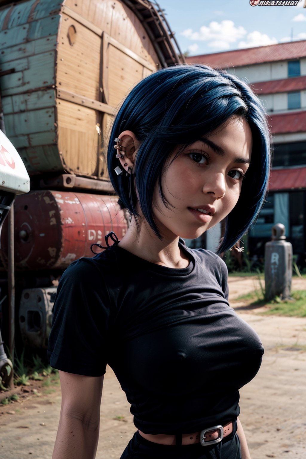   smile,   mature_woman, 27 years old, stern expression, frustrated, disappointed, flirty pose, sexy, looking at viewer, scenic view, Extremely Realistic, high resolution, masterpiece, 

MarieK,short blue hair,ear piercing,hair over one eye,freckles,black eyes,makeup,standing,smiling, upper body, black shirt,black wristbands,midriff,belt,
