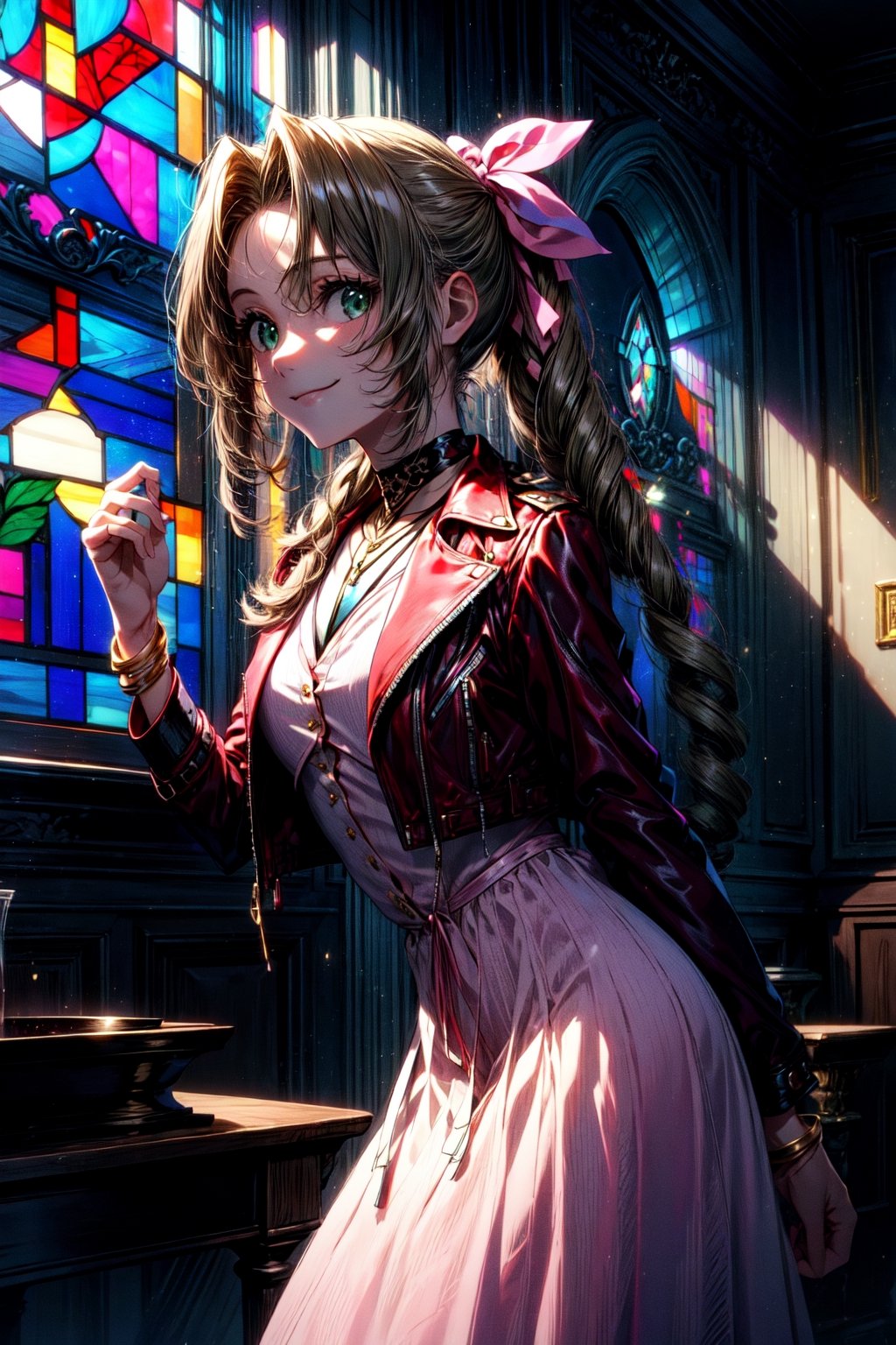 masterpiece, best quality, aerith gainsborough, choker, cropped jacket, hair bow, bracelet, pink dress, looking at viewer, leaning forward, smile, closed mouth, indoors, stained glass window 