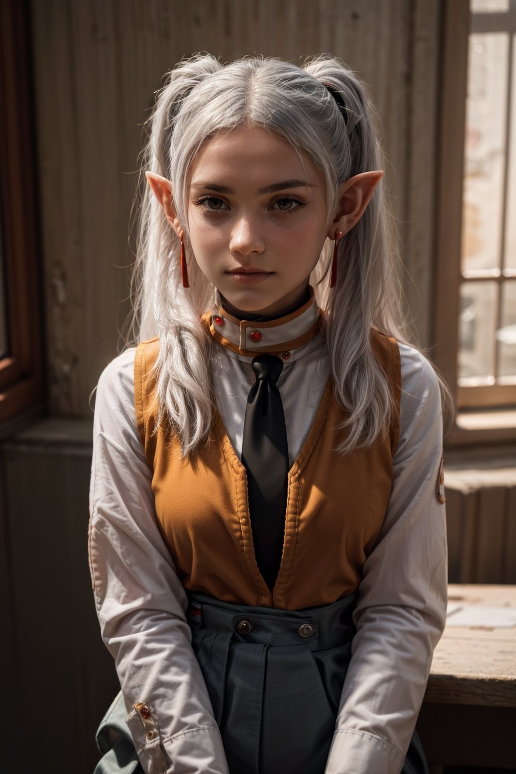   smile,   mature_woman, 27 years old, stern expression, frustrated, disappointed, flirty pose, sexy, looking at viewer, scenic view, Extremely Realistic, high resolution, masterpiece, 

frieren, white hair, 1girl, long hair, pointy ears, twintails, jewelry, elf, earrings, 

black necktie, orange vest, long sleeves, black skirt,