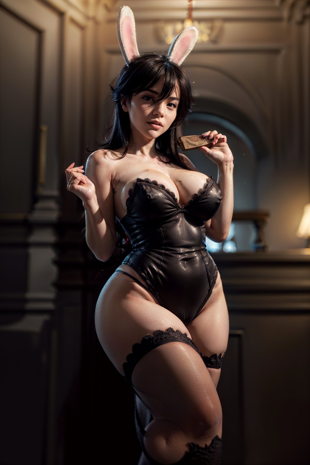   smile,   mature_woman, 27 years old, stern expression, frustrated, disappointed, flirty pose, sexy, looking at viewer, scenic view, Extremely Realistic, high resolution, masterpiece, 

midnite, rabbit ears, long hair, strapless dress, fangs, hand fan, curvy, ghost tail, makeup, 