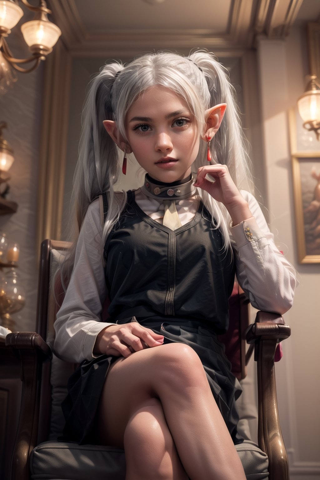   smile,   mature_woman, 27 years old, stern expression, frustrated, disappointed, flirty pose, sexy, looking at viewer, scenic view, Extremely Realistic, high resolution, masterpiece, 


(frieren, white hair, 1girl, long hair, pointy ears, twintails, jewelry, elf, earrings, )

black necktie, orange vest, long sleeves, black skirt,
 smiling, crossed legs, sitting in a chair, elbows on chair, tortura_wz, 
