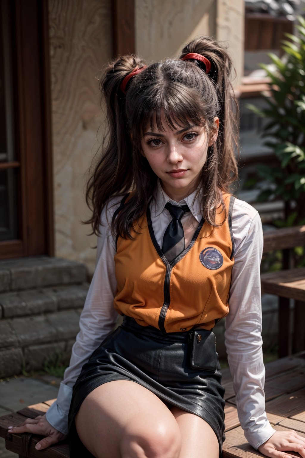   smile,   mature_woman, 27 years old, stern expression, frustrated, disappointed, flirty pose, sexy, looking at viewer, scenic view, Extremely Realistic, high resolution, masterpiece, 

aaruri, black necktie, orange vest, long sleeves, black skirt,