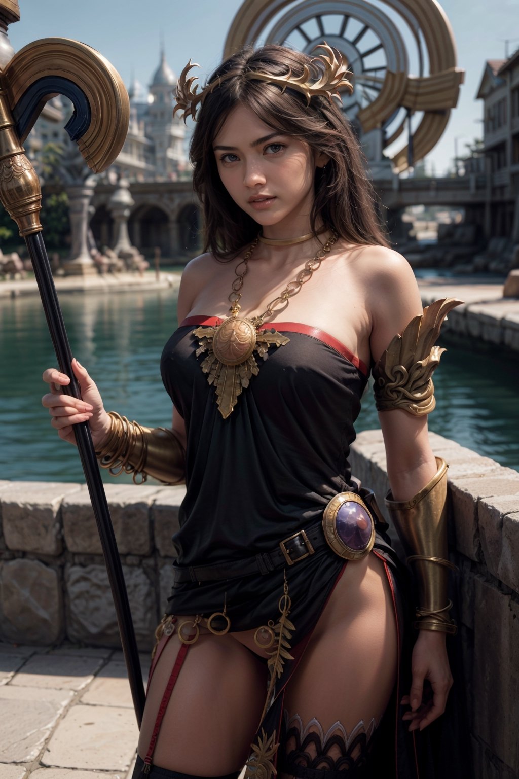   smile,   mature_woman, 27 years old, stern expression, frustrated, disappointed, flirty pose, sexy, looking at viewer, scenic view, Extremely Realistic, high resolution, masterpiece, 

masterpiece, best quality, highres, hmpa1, palutena, parted bangs, tiara, large breasts, necklace, bare shoulders, strapless dress, vambraces, belt, black dress, black thighhighs, single thighhigh, , standing, evil grin, holding staff,

, single thighhigh,hmpa1