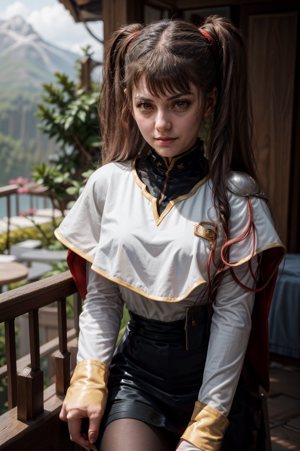   smile,   mature_woman, 27 years old, stern expression, frustrated, disappointed, flirty pose, sexy, looking at viewer, scenic view, Extremely Realistic, high resolution, masterpiece, 

bbruri, long hair, yellow eyes, white capelet, long sleeves, white gloves, black skirt, pantyhose, 