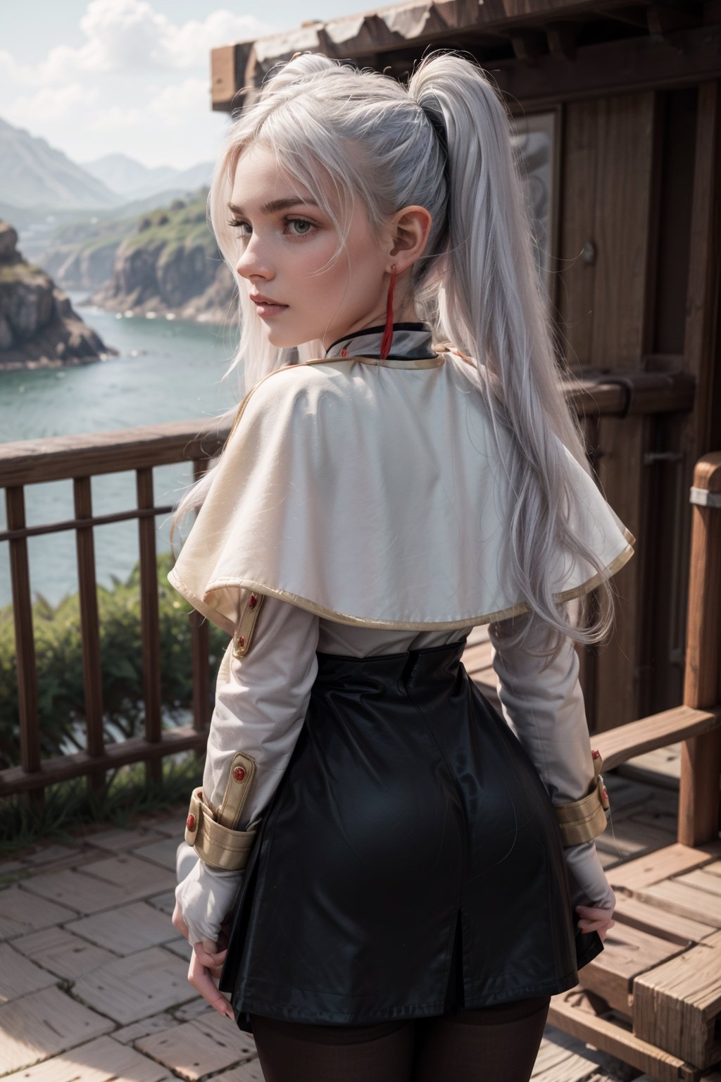   smile,   mature_woman, 27 years old, stern expression, frustrated, disappointed, flirty pose, sexy, looking at viewer, scenic view, Extremely Realistic, high resolution, masterpiece, 

Fullbody, from behind, 

frieren, white hair, 1girl, long hair, pointy ears, twintails, jewelry, elf, earrings, 

white capelet, long sleeves, white gloves, black skirt, pantyhose, 