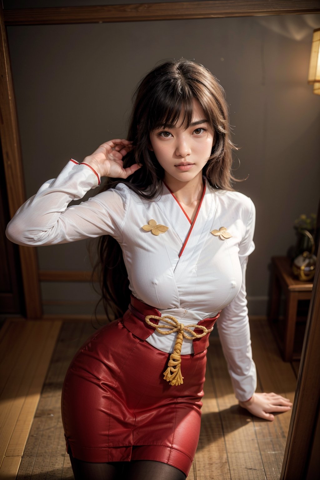   smile,   mature_woman, 27 years old, stern expression, frustrated, disappointed, flirty pose, sexy, looking at viewer, scenic view, Extremely Realistic, high resolution, masterpiece, 

nysabrina, low-tied long hair, blunt bangs, japanese clothes, red skirt, sash, detached sleeves, pantyhose, emotionless,
 
seiza, indoors, japanese architecture, from above



