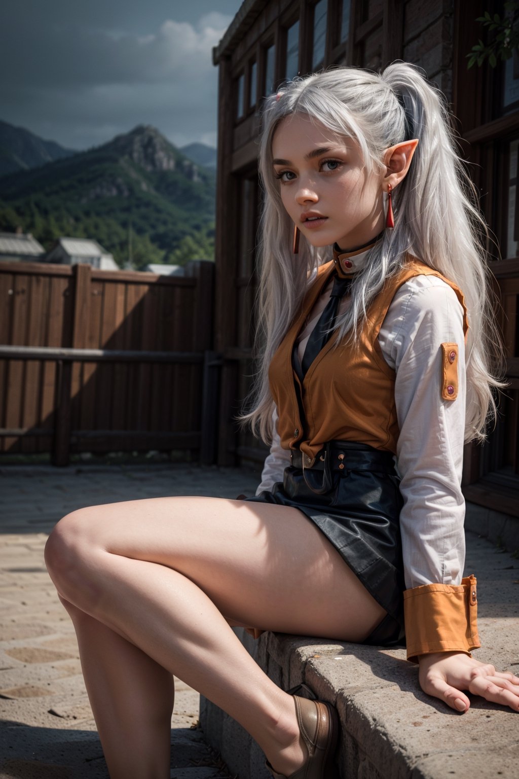   smile,   mature_woman, 27 years old, stern expression, frustrated, disappointed, flirty pose, sexy, looking at viewer, scenic view, Extremely Realistic, high resolution, masterpiece, 

Fullbody, 

frieren, white hair, 1girl, long hair, pointy ears, twintails, jewelry, elf, earrings, 

black necktie, orange vest, long sleeves, black skirt,