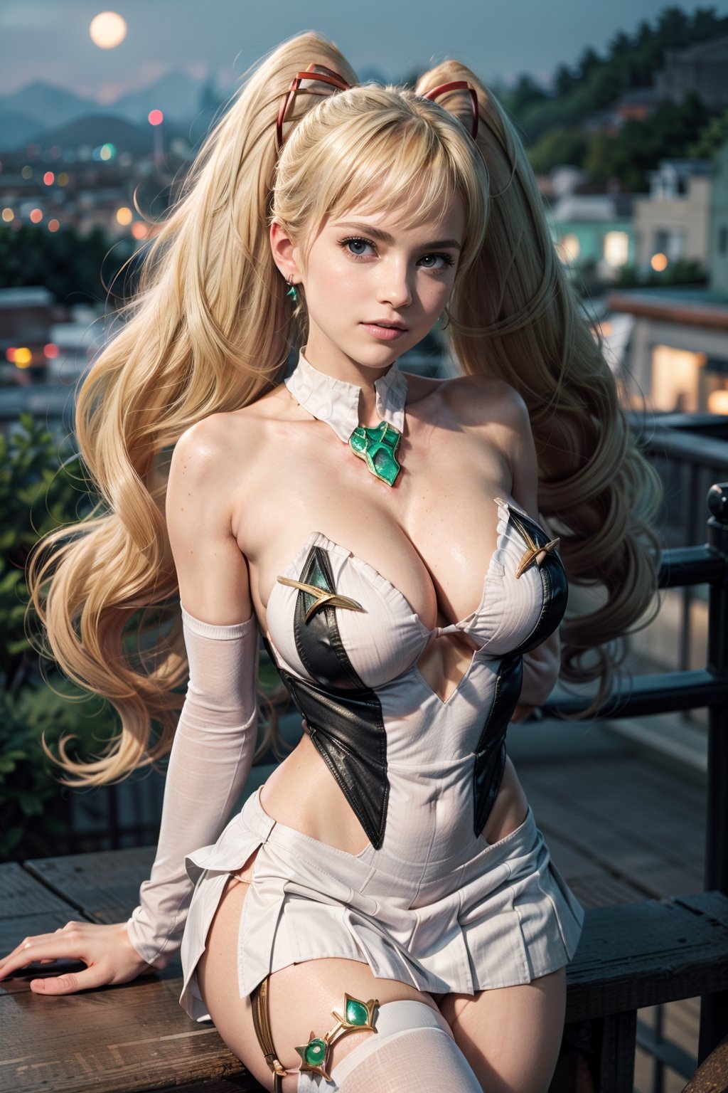   smile,   mature_woman, 27 years old, stern expression, frustrated, disappointed, flirty pose, sexy, looking at viewer, scenic view, Extremely Realistic, high resolution, masterpiece, 

(TWINTAILS, TWIN DRILLS, Luna_MM, twin tails, drill hair, blonde, big hair, big red ribbon in hair,) , , tiara, earrings, chest jewel, sleeveless, white skirt, elbow gloves, thigh strap, pantyhose


,DRESS