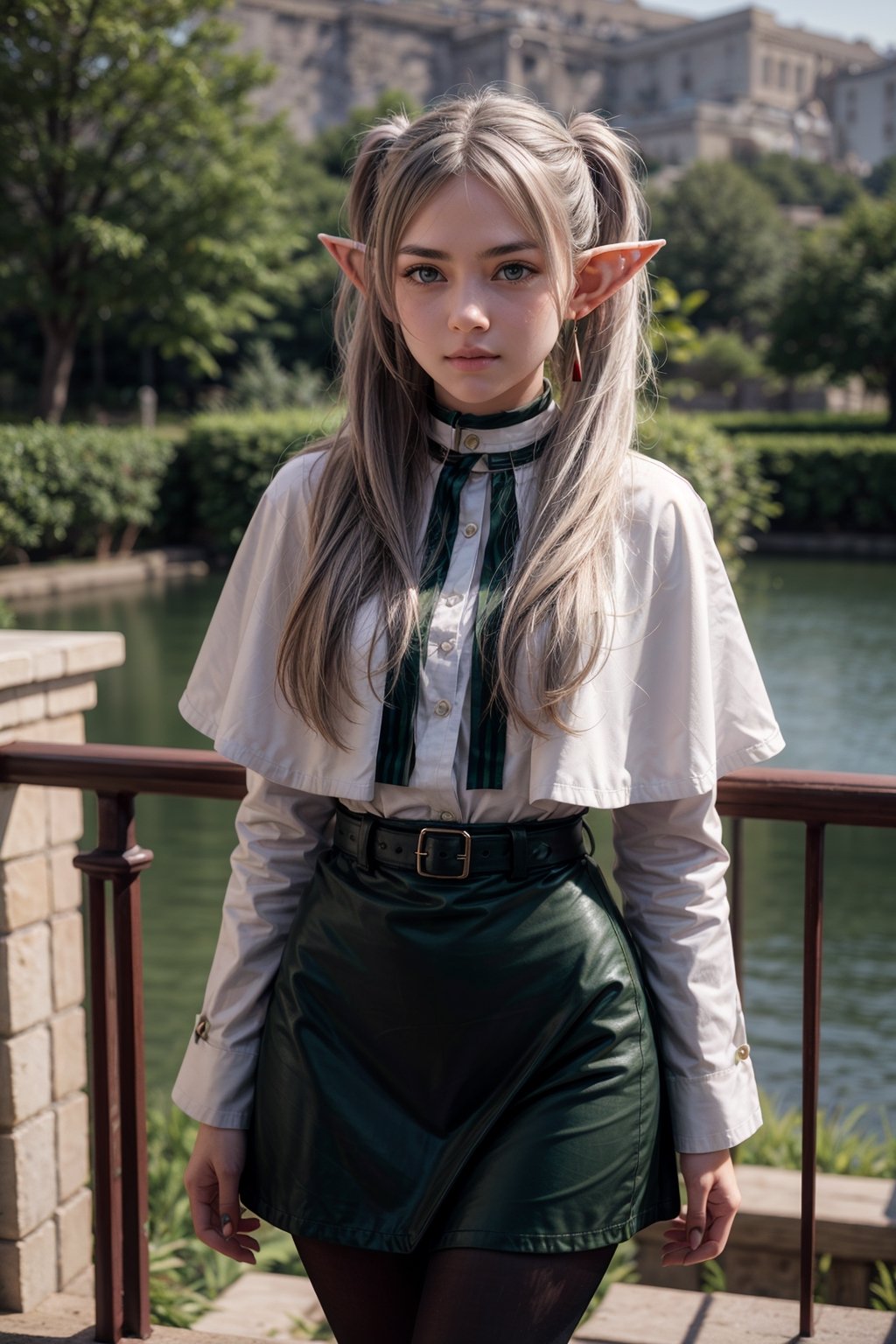   smile,   mature_woman, 27 years old, stern expression, frustrated, disappointed, flirty pose, sexy, looking at viewer, scenic view, Extremely Realistic, high resolution, masterpiece, 

frieren, long hair, twintails, (green eyes:1.5), grey hair, pointy ears, elf,

shirt, long sleeves, jewelry, pantyhose, earrings, striped, black pantyhose, capelet, striped shirt
