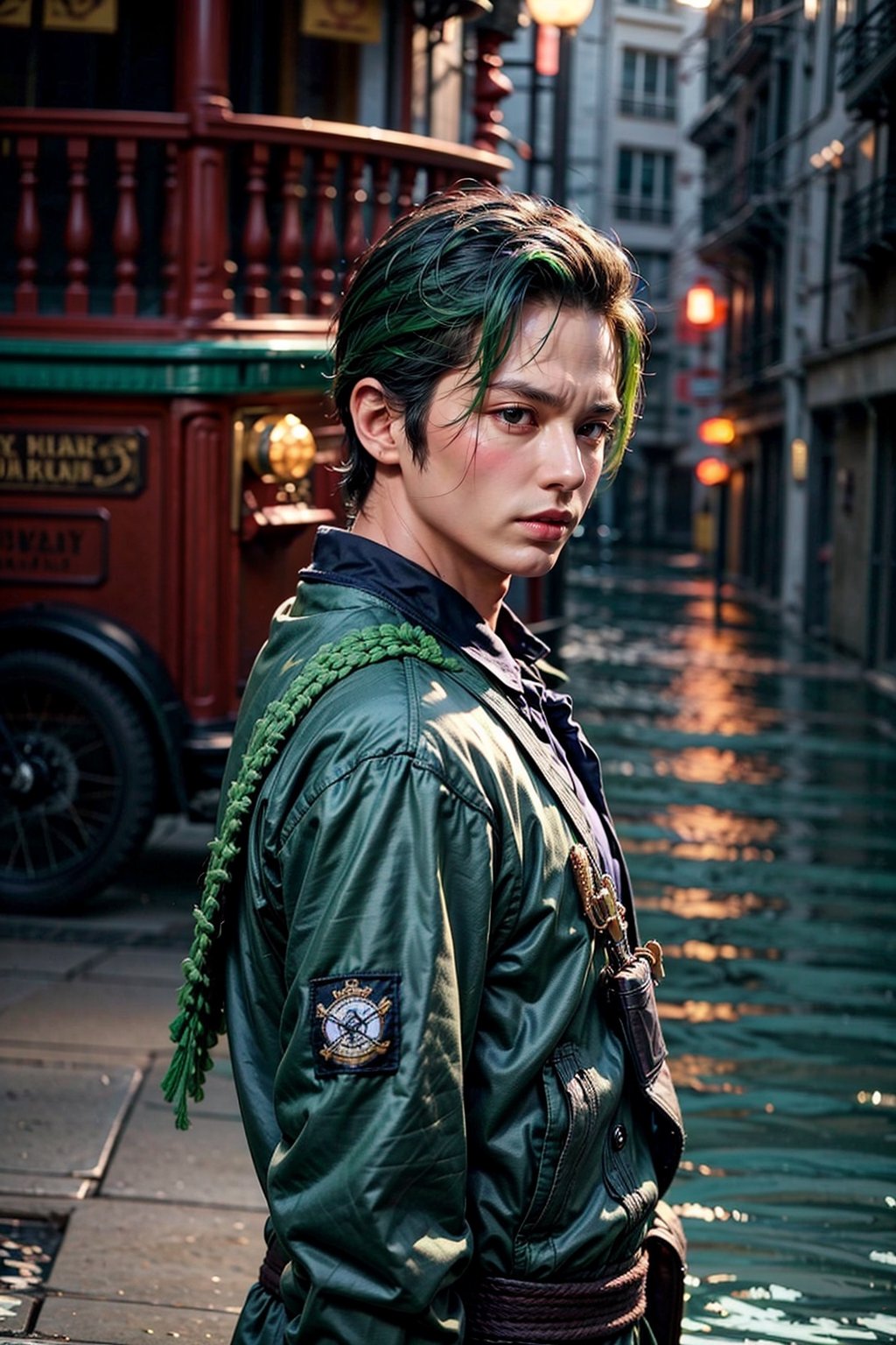  looking at viewer, scenic view, Extremely Realistic, high resolution, masterpiece, 
pirate ship background, water, ocean, 

zoro, solo, looking at viewer, short hair, long sleeves, 1boy, jacket, upper body, weapon, male focus, japanese clothes, green hair, water, from side, scar, sheath, scar on face, sheathed, hair slicked back 