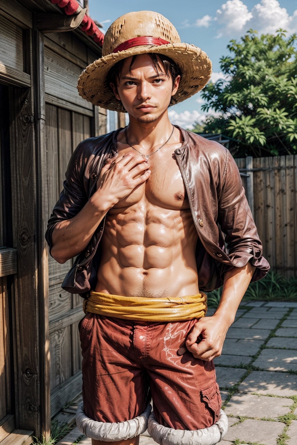  looking at viewer, scenic view, Extremely Realistic, high resolution, masterpiece, 

1utf1 ((wearing straw hat)), pirate era japan,abs, clenched hand, male focus, red shirt,open clothes, open shirt, short hair, looking at viewer, shorts, sandals, red shirt, solo, straw hat,  