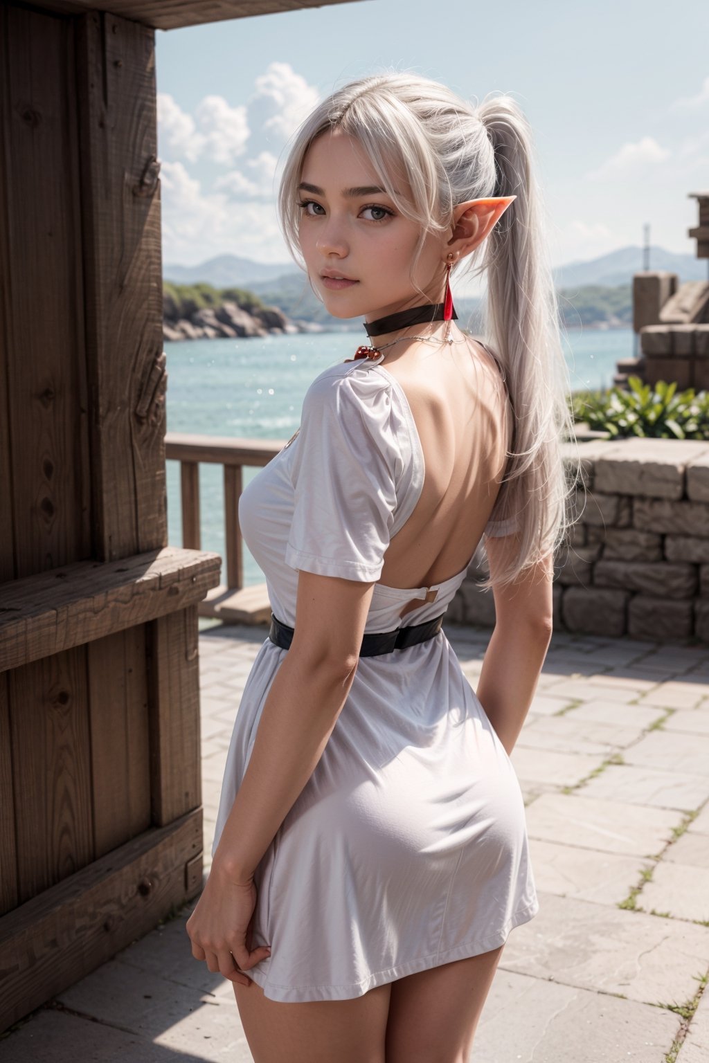   smile,   mature_woman, 27 years old, stern expression, frustrated, disappointed, flirty pose, sexy, looking at viewer, scenic view, Extremely Realistic, high resolution, masterpiece, 

Fullbody, from behind, bending forward, 

frieren, white hair, 1girl, long hair, pointy ears, twintails, jewelry, elf, earrings, 

white choker, white dress, short sleeves