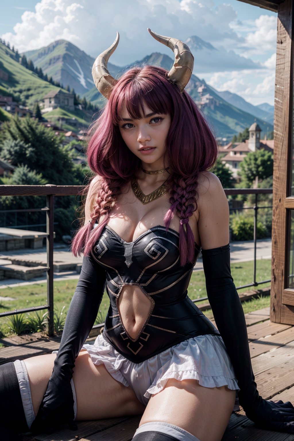   smile,   mature_woman, 27 years old, stern expression, frustrated, disappointed, flirty pose, sexy, looking at viewer, scenic view, Extremely Realistic, high resolution, masterpiece, 

aaaura, braid, twin braids, horns, blue eyes, choker, necklace, strapless dress, elbow gloves, black gloves, navel cutout, white skirt, black thighhighs, thigh boots
