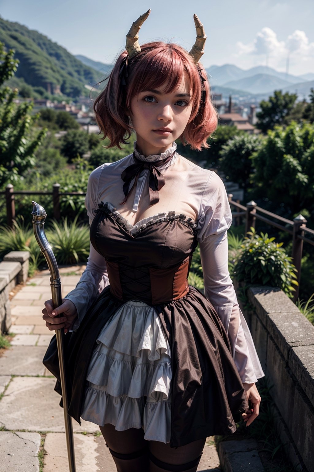  smile,   mature_woman, 27 years old, stern expression, frustrated, disappointed, flirty pose, sexy, looking at viewer, scenic view, Extremely Realistic, high resolution, masterpiece, 

1girl, horns, pink hair, twintails, hair, ribbon, bow, purple eyes, juliet sleeves, long sleeves, brown dress, corset, pantyhose,

 holding, holding axe, battle axe