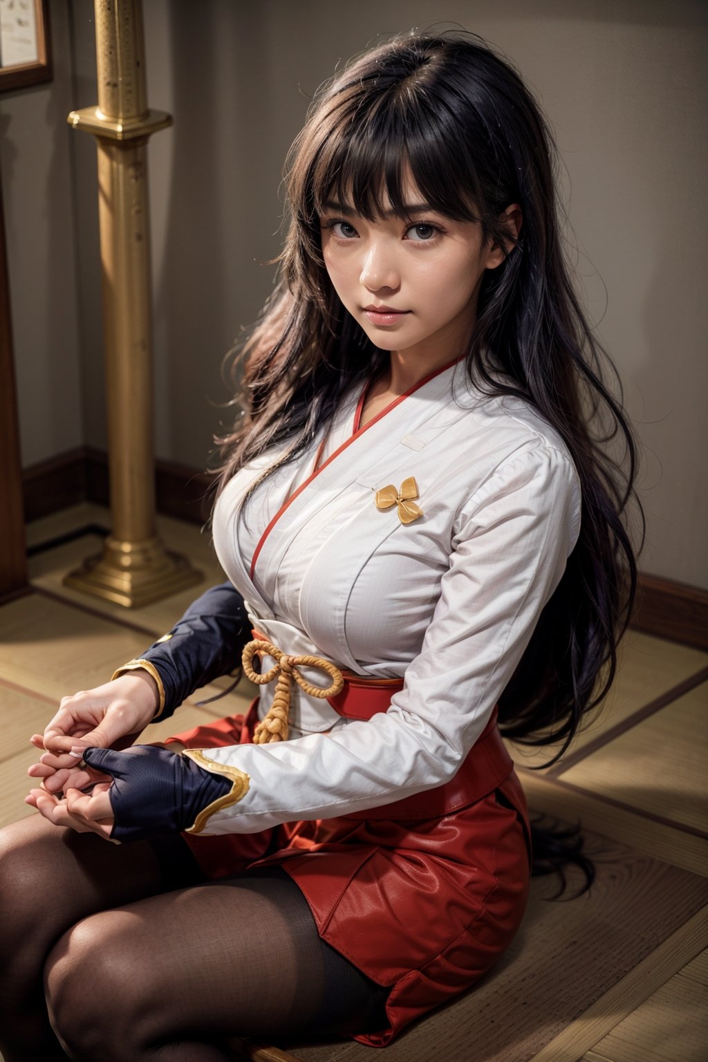   smile,   mature_woman, 27 years old, stern expression, frustrated, disappointed, flirty pose, sexy, looking at viewer, scenic view, Extremely Realistic, high resolution, masterpiece, 

nysabrina, navy colored hair,  low-tied long hair, blunt bangs, japanese clothes, red skirt, sash, detached sleeves, pantyhose, emotionless,
 

on knees, on floor, indoors, japanese architecture, from above, holding a katana.



