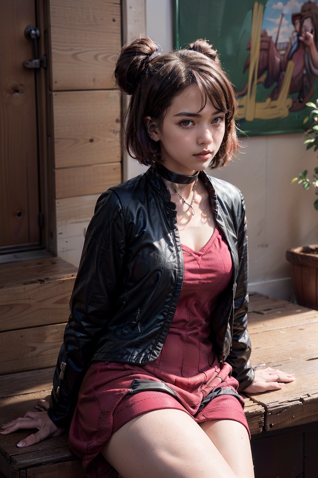   smile,   mature_woman, 27 years old, stern expression, frustrated, disappointed, flirty pose, sexy, looking at viewer, scenic view, Extremely Realistic, high resolution, masterpiece, 

(black choker, red ribbon, pink dress, jewelry, black jacket, open clothes, long sleeves)

( gloria \(pokemon\), brown hair, brown eyes, tam o' shanter, short hair, bob cut, bangs),