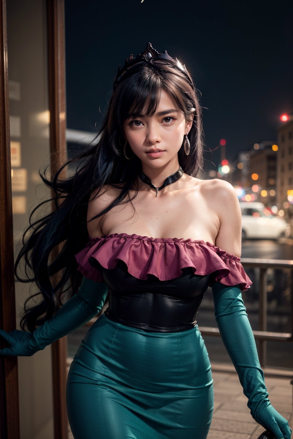   smile,   mature_woman, 27 years old, stern expression, frustrated, disappointed, flirty pose, sexy, looking at viewer, scenic view, Extremely Realistic, high resolution, masterpiece, 

bellelba, navy colored hair, medium hair, earrings, hair ornament, crown, detached collar, off-shoulder dress, teal dress with pink frills , long dress, wide sleeves, white elbow gloves, emotionless, 

cityscape, night, full body, from behing,

