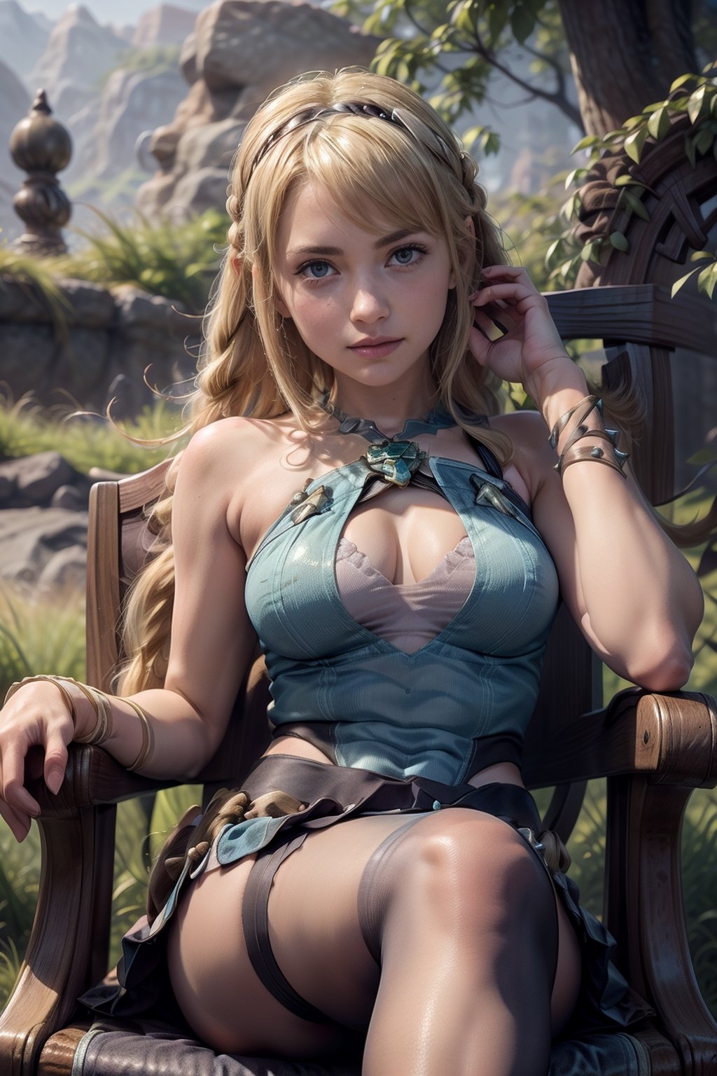   smile,   mature_woman, 27 years old, stern expression, frustrated, disappointed, flirty pose, sexy, looking at viewer, scenic view, Extremely Realistic, high resolution, masterpiece, 

,Astrid Hofferson, long blonde hair with a messy braid and some hair covering her left eye), light blue eyes, has a leather headband with metal spikes around it of her forehead, 

 , , ((tiara, earrings, chest jewel, sleeveless, white skirt, elbow gloves, thigh strap, pantyhose))

   scenic view, smile,  parted lips ,

 crossed legs, sitting in a chair, elbows on chair, 