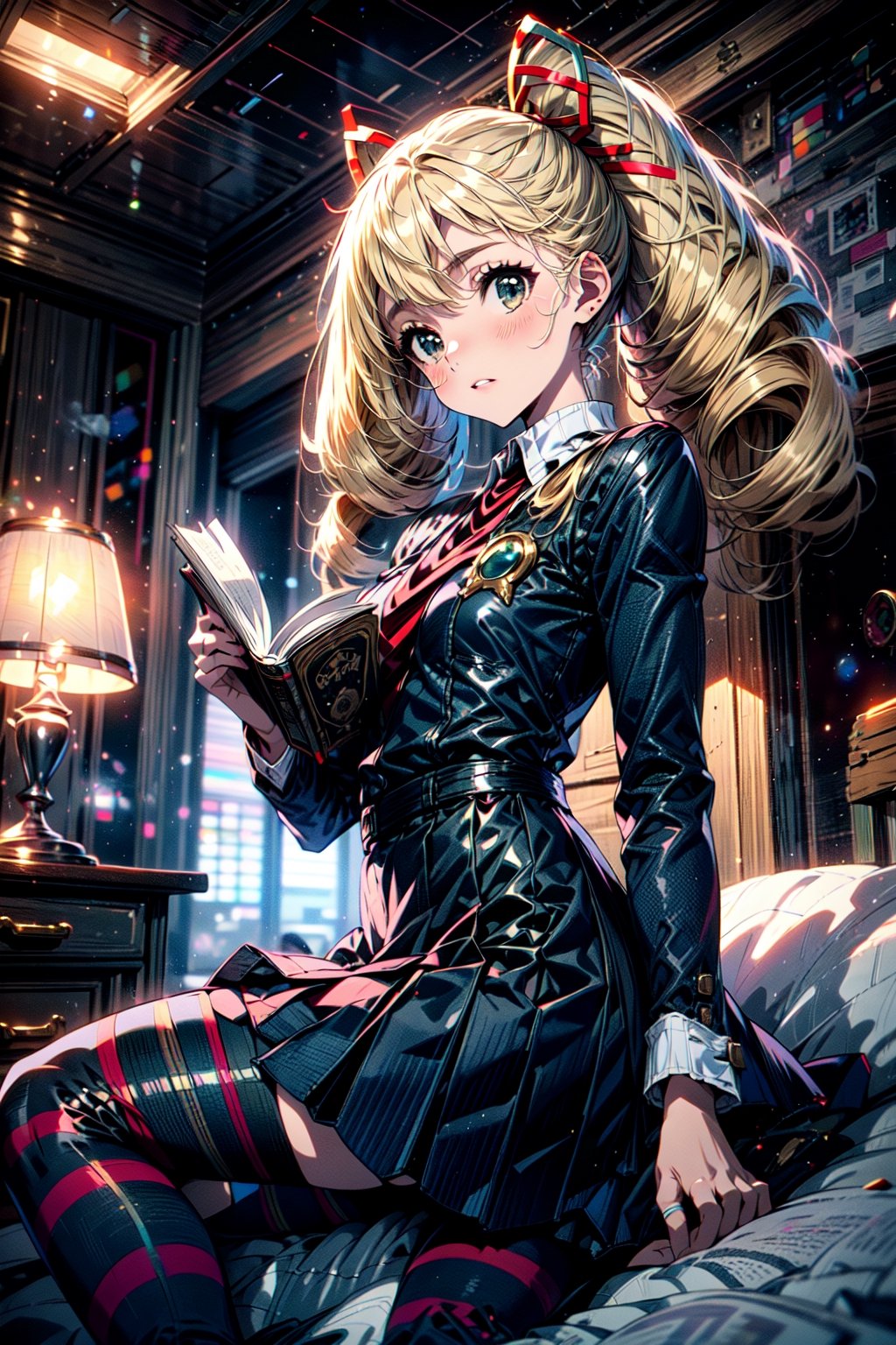 masterpiece, best quality, highres,  solo, 

TWINTAILS, TWIN DRILLS, Luna_MM, twin tails, drill hair, blonde, striped tights,blue dress, school uniform, skirt, blond_hair, big hair, big red ribbon in hair,

cowboy shot, space station, (lying in bed, reading a book),