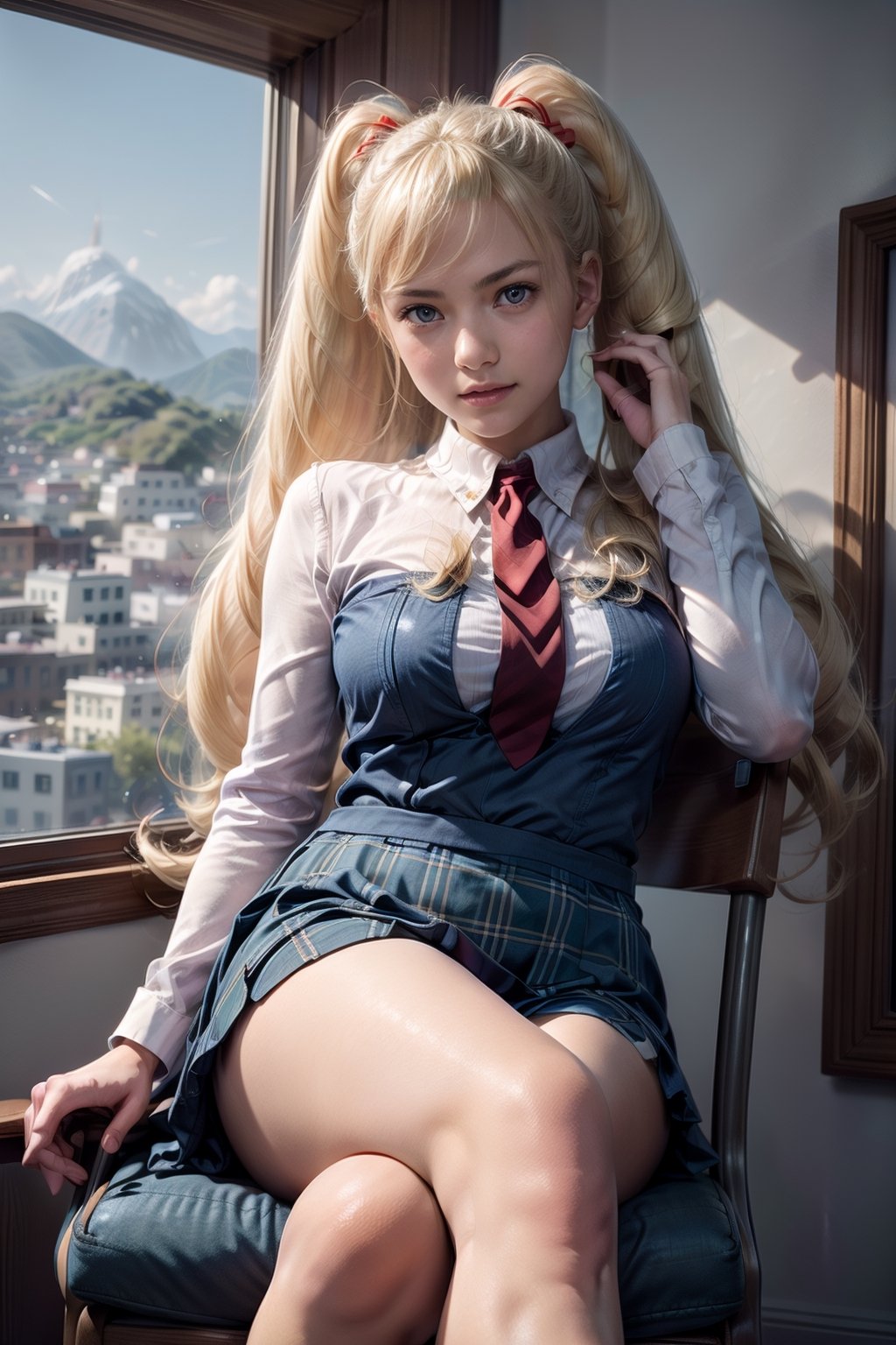   smile,   mature_woman, 27 years old, stern expression, frustrated, disappointed, flirty pose, sexy, looking at viewer, scenic view, Extremely Realistic, high resolution, masterpiece, 

TWINTAILS, TWIN DRILLS, Luna_MM, twin tails, drill hair, blonde, striped tights,blue dress, school uniform, skirt, blond_hair, big hair, big red ribbon in hair,

   scenic view, smile,  parted lips ,

 crossed legs, sitting in a chair, elbows on chair,