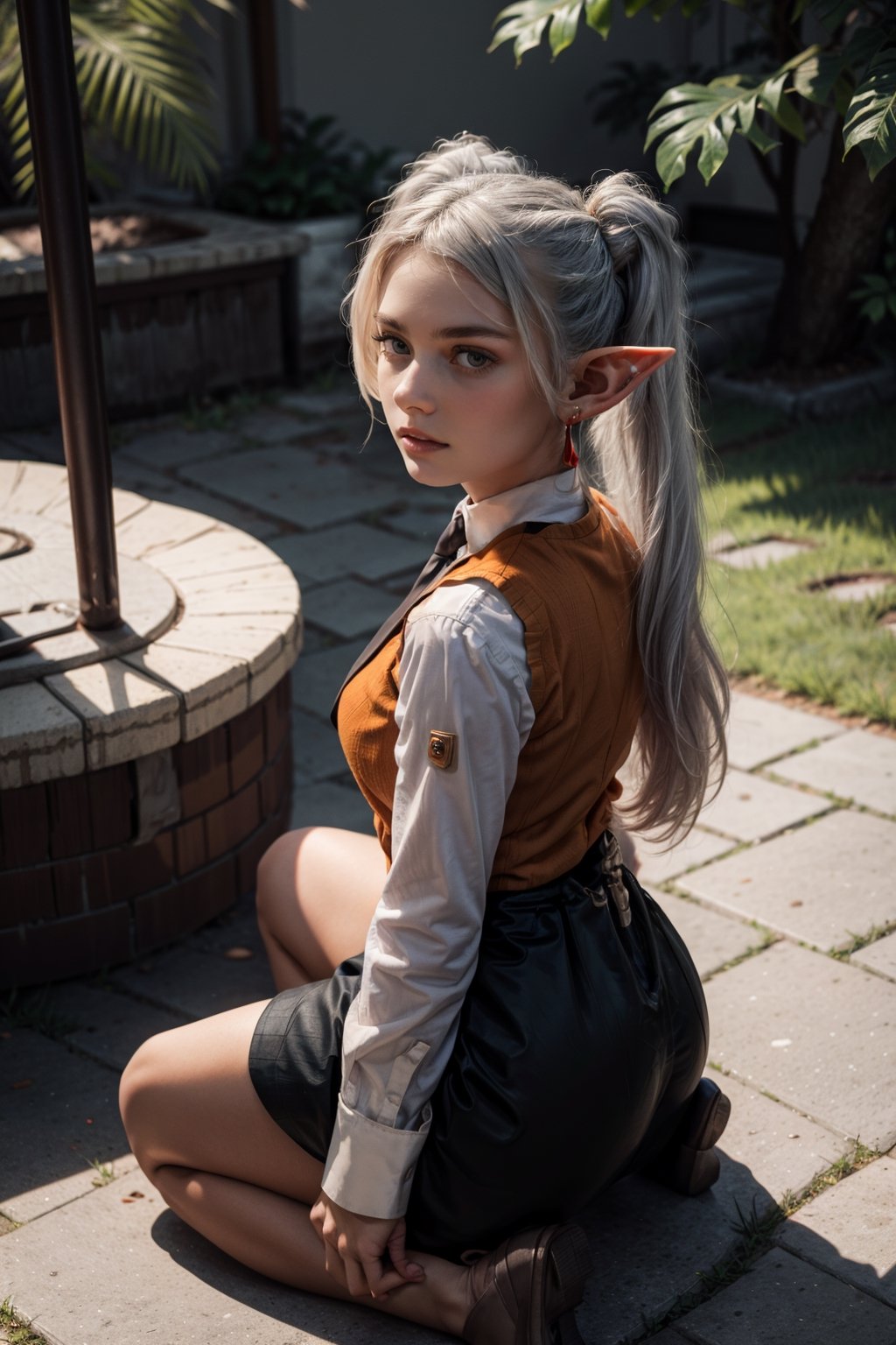   smile,   mature_woman, 27 years old, stern expression, frustrated, disappointed, flirty pose, sexy, looking at viewer, scenic view, Extremely Realistic, high resolution, masterpiece, 

Fullbody, from behind, 

frieren, white hair, 1girl, long hair, pointy ears, twintails, jewelry, elf, earrings, 

black necktie, orange vest, long sleeves, black skirt,