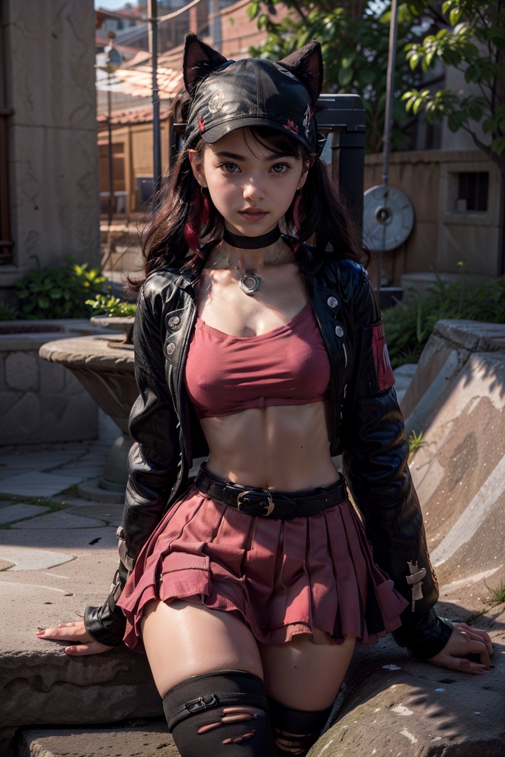  smile,   mature_woman, 27 years old, stern expression, frustrated, disappointed, flirty pose, sexy, looking at viewer, scenic view, Extremely Realistic, high resolution, masterpiece, 

 (necklace, pink pleated skirt, pink cropped tank top, black choker, black thighhighs, midriff, pendant, torn thighhighs,black cropped jacket,black overskirt,(black belt), (stuffed animal:1.3),  thigh strap,  black single thighhigh, (red lips), black cat hat,long sleeves, )

( ,hmmarnie, aqua eyes,)