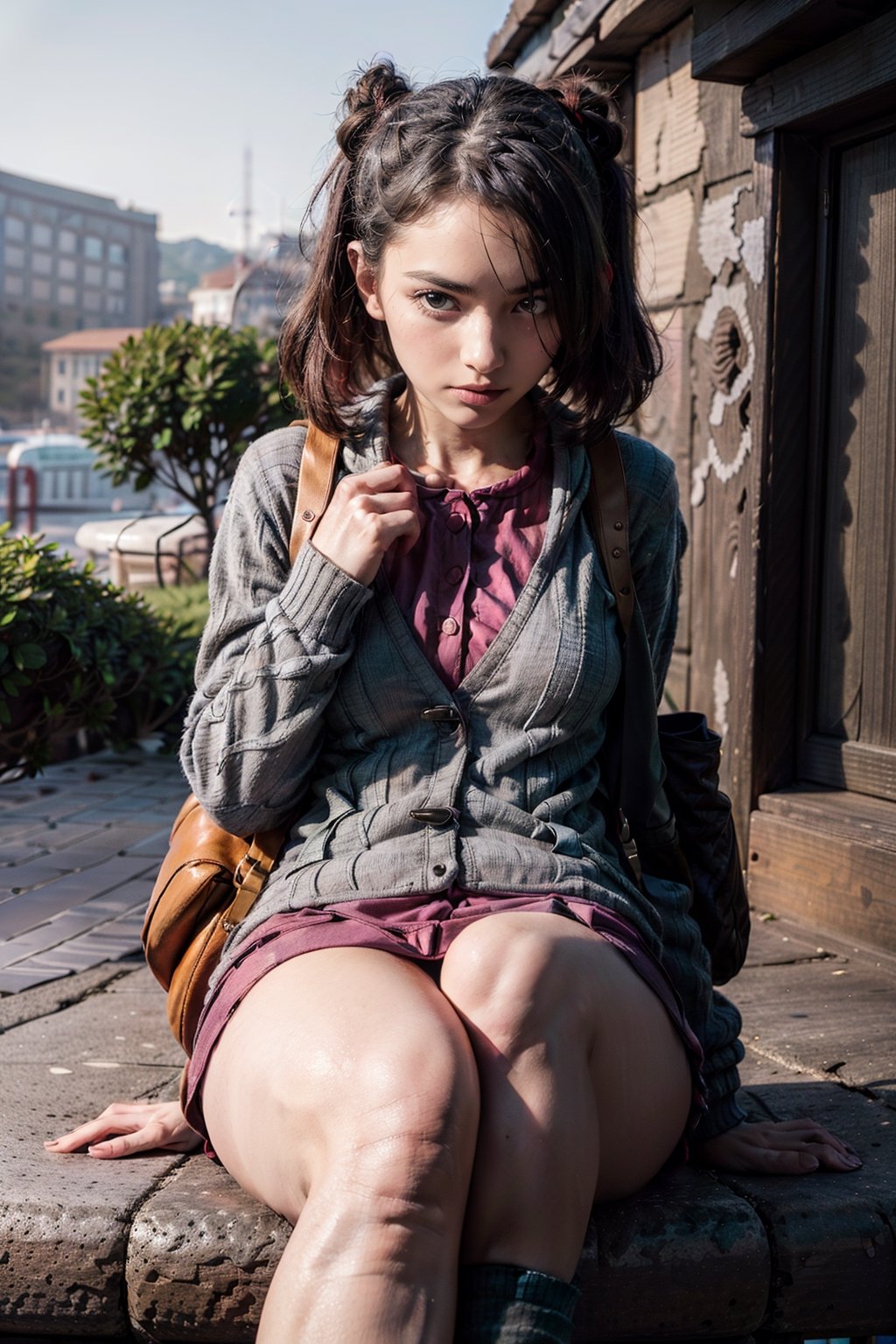   smile,   mature_woman, 27 years old, stern expression, frustrated, disappointed, flirty pose, sexy, looking at viewer, scenic view, Extremely Realistic, high resolution, masterpiece, 

 (backpack, , grey cardigan, pink dress, green socks, long sleeves, collared dress )

( ,hmmarnie, aqua eyes,),gloria1