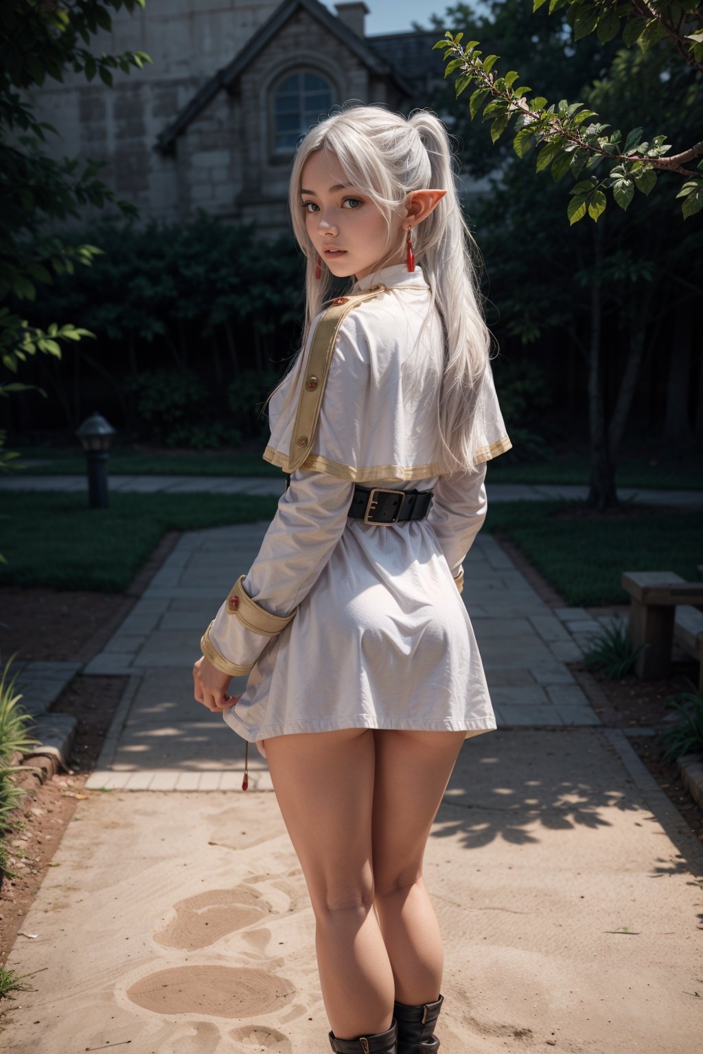   smile,   mature_woman, 27 years old, stern expression, frustrated, disappointed, flirty pose, sexy, looking at viewer, scenic view, Extremely Realistic, high resolution, masterpiece, 

Fullbody, from behind, bending forward, 

frieren, white hair, 1girl, long hair, pointy ears, twintails, jewelry, elf, earrings, capelet, white capelet, long sleeves, parted bangs, dress, staff, holding staff, belt, flower