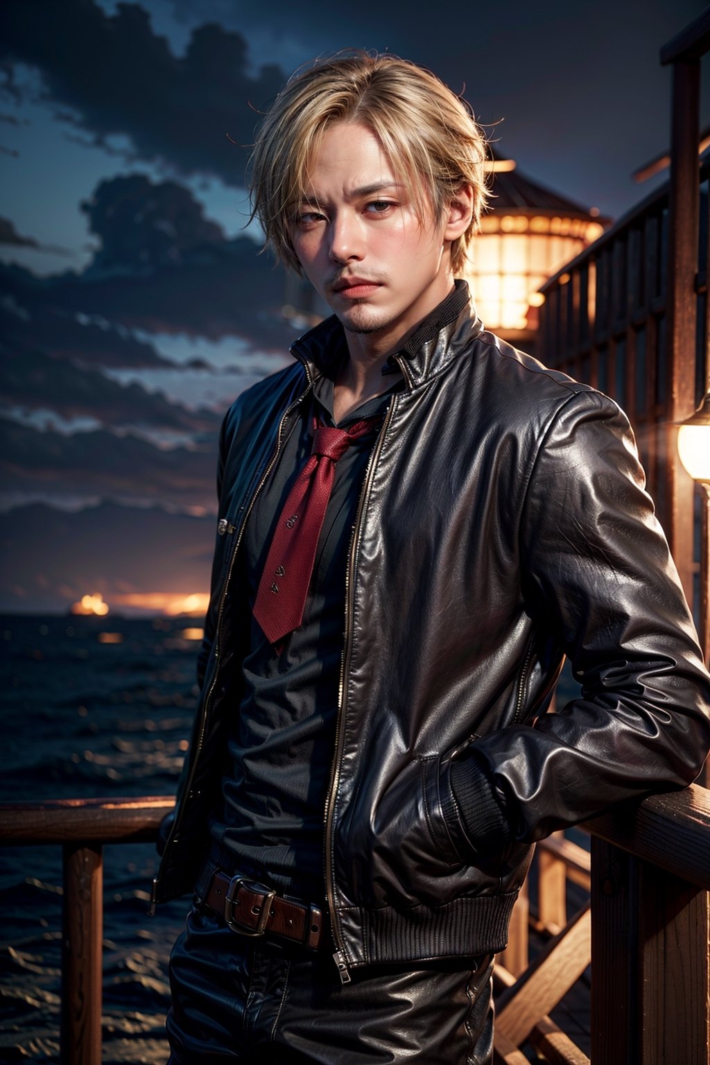  looking at viewer, scenic view, Extremely Realistic, high resolution, masterpiece, 

pirate ship background, ocean,  sanji2, suit, hair_over_one_eye, eyeblow, black shirts, necktie, Burgundy jacket, facial hair, blonde hair, male, short hair, 