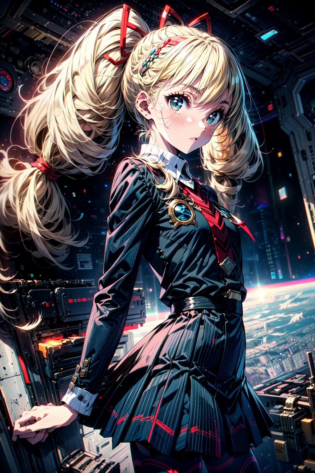 masterpiece, best quality, highres,  solo, 

TWINTAILS, TWIN DRILLS, Luna_MM, twin tails, drill hair, blonde, striped tights,blue dress, school uniform, skirt, blond_hair, big hair, big red ribbon in hair,

cowboy shot, space station, 