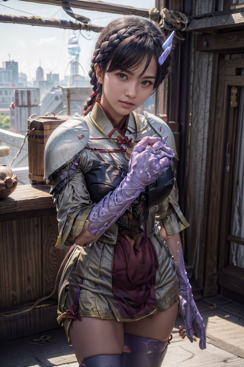   smile,   mature_woman, 27 years old, stern expression, frustrated, disappointed, flirty pose, sexy, looking at viewer, scenic view, Extremely Realistic, high resolution, masterpiece, 

NimueXeno, 1girl, solo, black hair, blue gloves, red ribbon, purple eyes, purple hair, crown braid, japanese clothes, one horn, armor, shoulder armor,





,pneumadef,xcTheory,NimueXeno