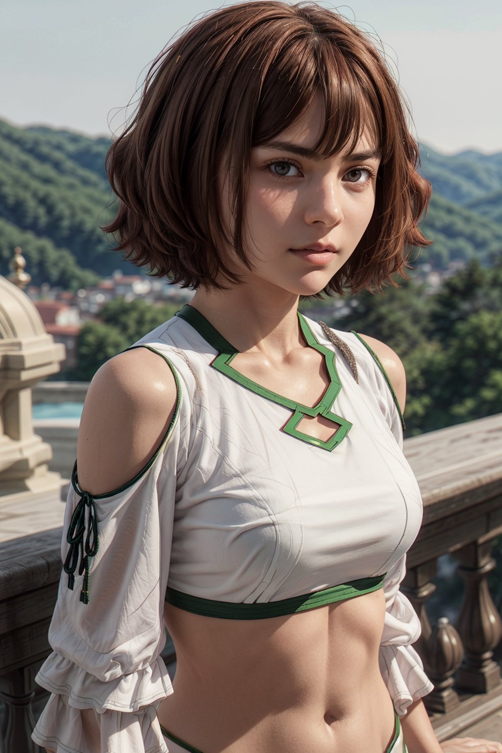   smile,   mature_woman, 27 years old, stern expression, frustrated, disappointed, flirty pose, sexy, looking at viewer, scenic view, Extremely Realistic, high resolution, masterpiece, 

kanne, short hair, two side up,

crop top, midriff, shoulder cutout