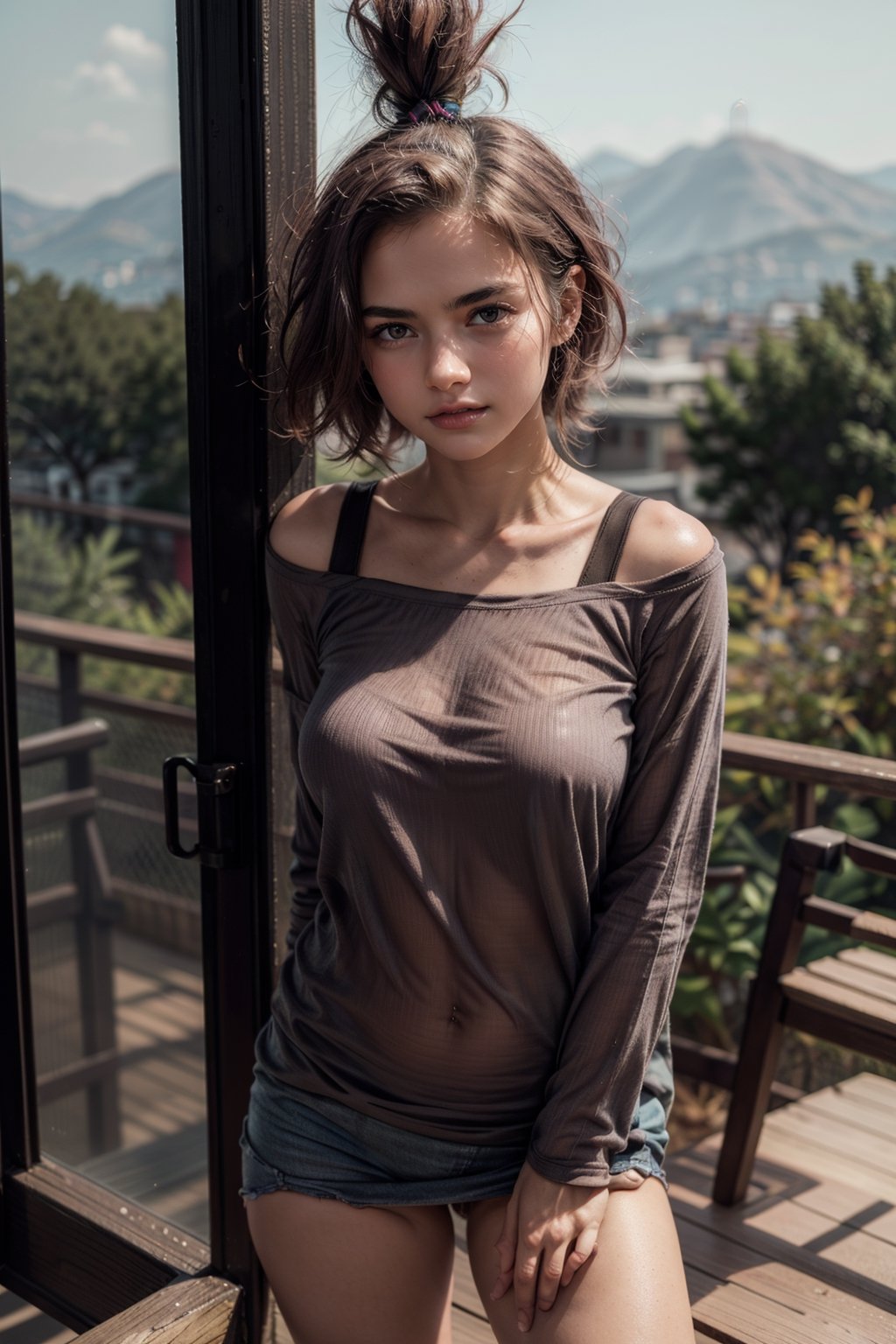   smile,   mature_woman, 27 years old, stern expression, frustrated, disappointed, flirty pose, sexy, looking at viewer, scenic view, Extremely Realistic, high resolution, masterpiece, 

oxie (pokemon), top knot, oversized shirt, striped shirt, 