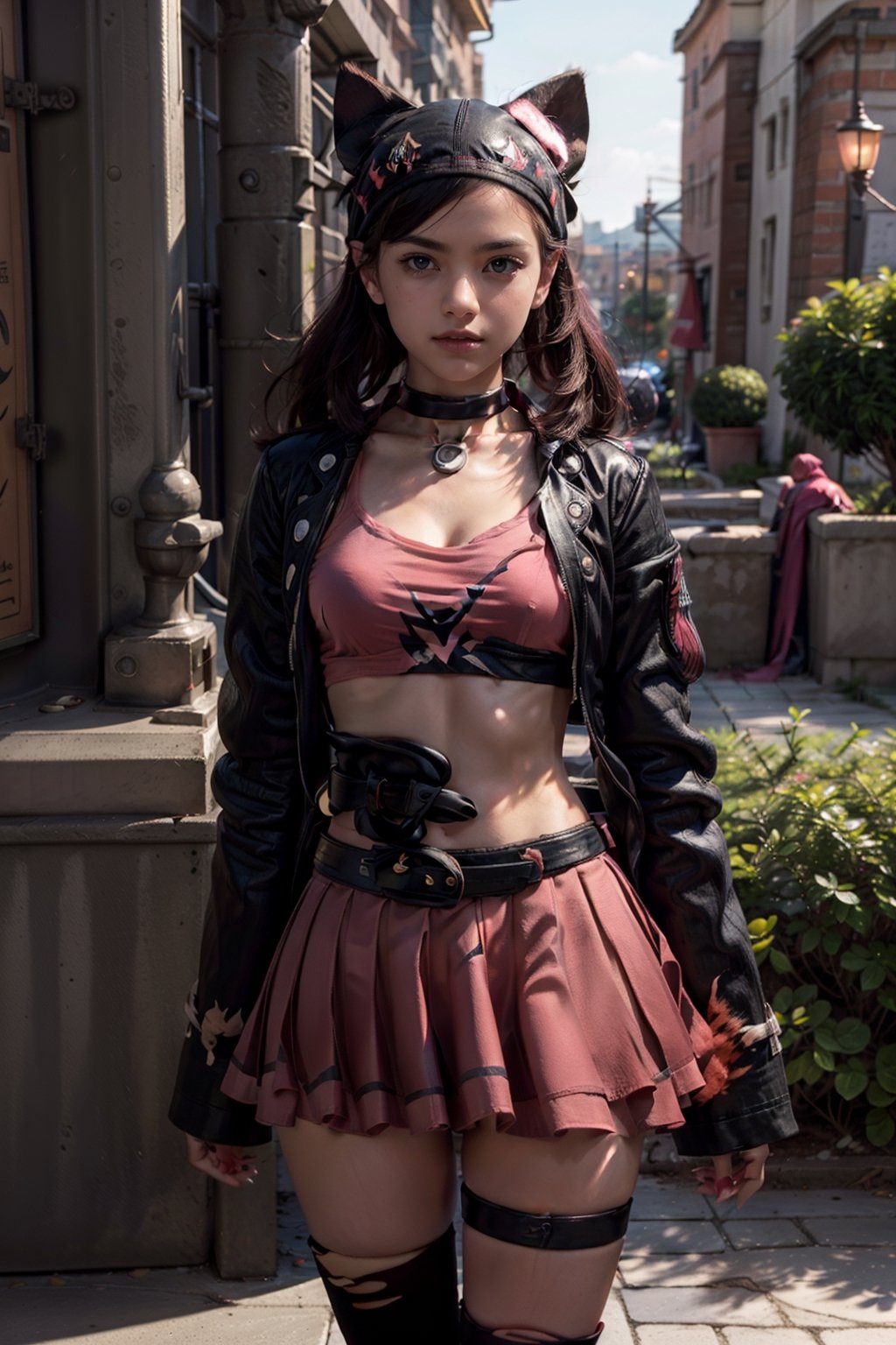   smile,   mature_woman, 27 years old, stern expression, frustrated, disappointed, flirty pose, sexy, looking at viewer, scenic view, Extremely Realistic, high resolution, masterpiece, 

 (necklace, pink pleated skirt, pink cropped tank top, black choker, black thighhighs, midriff, pendant, torn thighhighs,black cropped jacket,black overskirt,(black belt), (stuffed animal:1.3),  thigh strap,  black single thighhigh, (red lips), black cat hat,long sleeves, )

 ,hmmarnie, aqua eyes,
