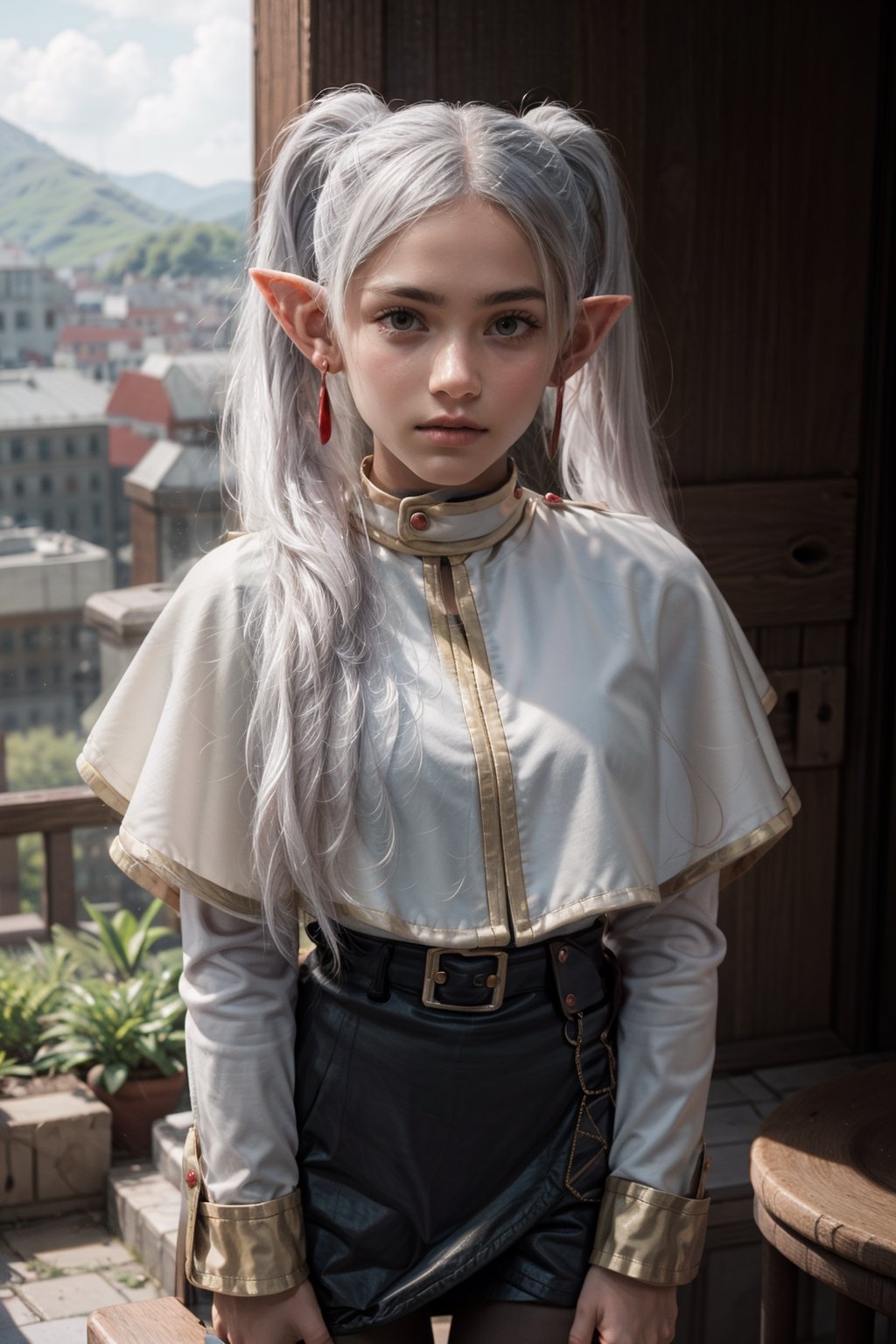   smile,   mature_woman, 27 years old, stern expression, frustrated, disappointed, flirty pose, sexy, looking at viewer, scenic view, Extremely Realistic, high resolution, masterpiece, 

frieren, white hair, 1girl, long hair, pointy ears, twintails, jewelry, elf, earrings, 

white capelet, long sleeves, white gloves, black skirt, pantyhose, 