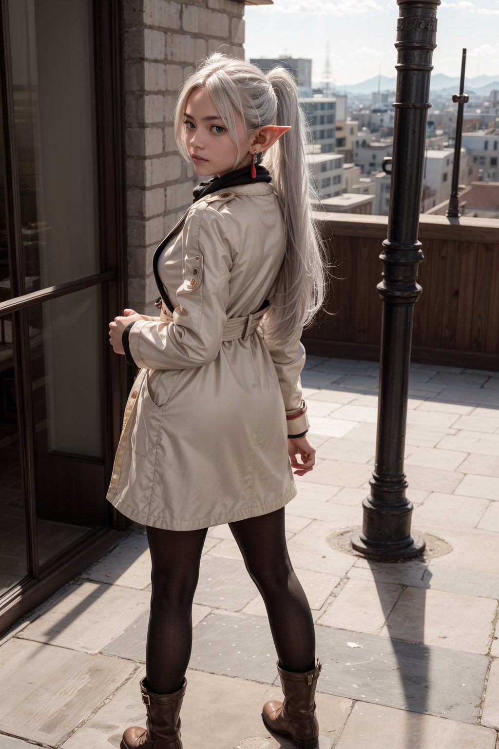   smile,   mature_woman, 27 years old, stern expression, frustrated, disappointed, flirty pose, sexy, looking at viewer, scenic view, Extremely Realistic, high resolution, masterpiece, 

Fullbody, from behind, bending forward, 

frieren, white hair, 1girl, long hair, pointy ears, twintails, jewelry, elf, earrings, 

scarf, white coat, black pantyhose, brown boots