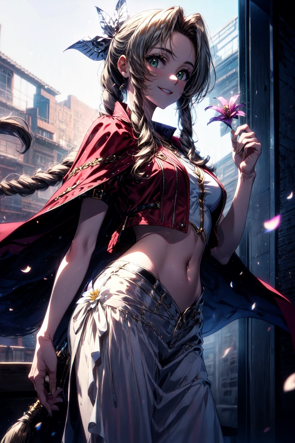 masterpiece, best quality, aerith gainsborough, hair ribbon, feather cape, navel, pelvic curtain, cowboy shot, looking at viewer, smile, flower patch, cowboy shot, standing