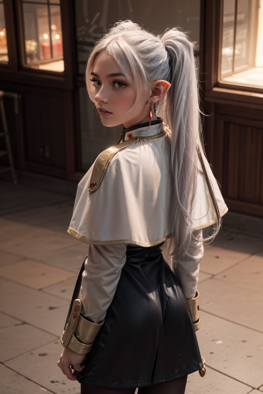   smile,   mature_woman, 27 years old, stern expression, frustrated, disappointed, flirty pose, sexy, looking at viewer, scenic view, Extremely Realistic, high resolution, masterpiece, 

Fullbody, from behind, bending forward, 

frieren, white hair, 1girl, long hair, pointy ears, twintails, jewelry, elf, earrings, 

white capelet, long sleeves, white gloves, black skirt, pantyhose, 
