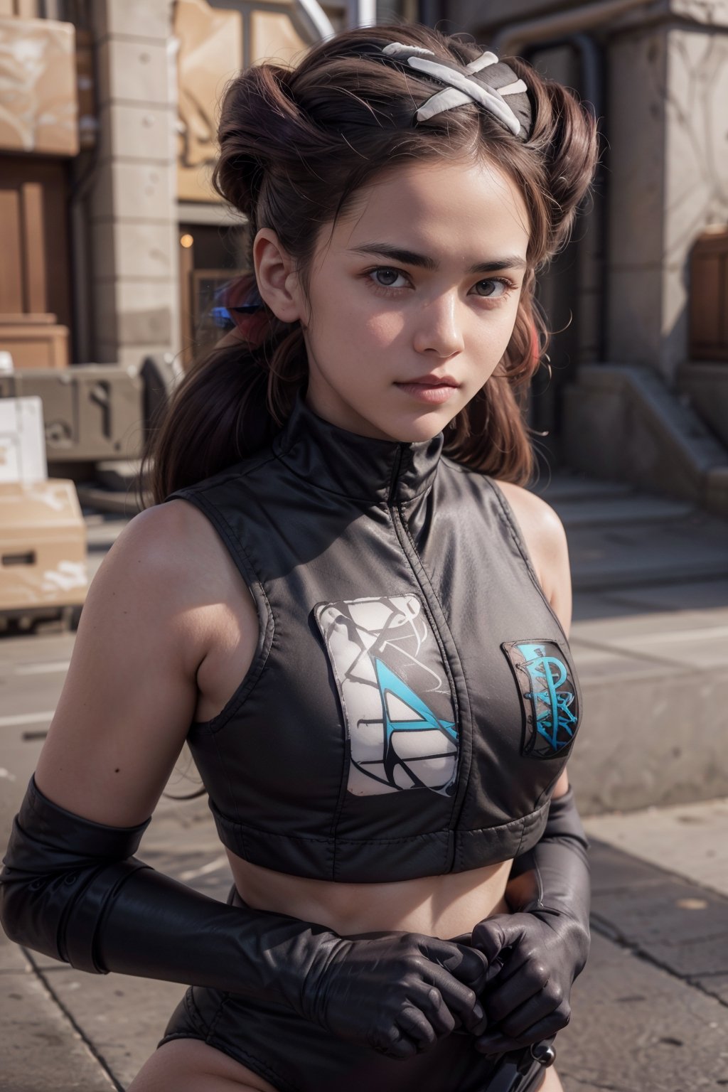   smile,   mature_woman, 27 years old, stern expression, frustrated, disappointed, flirty pose, sexy, looking at viewer, scenic view, Extremely Realistic, high resolution, masterpiece, 

roxanne, twintails, hair ribbon, beret, grey bodysuit, vest, belt, black gloves, mouth mask,
