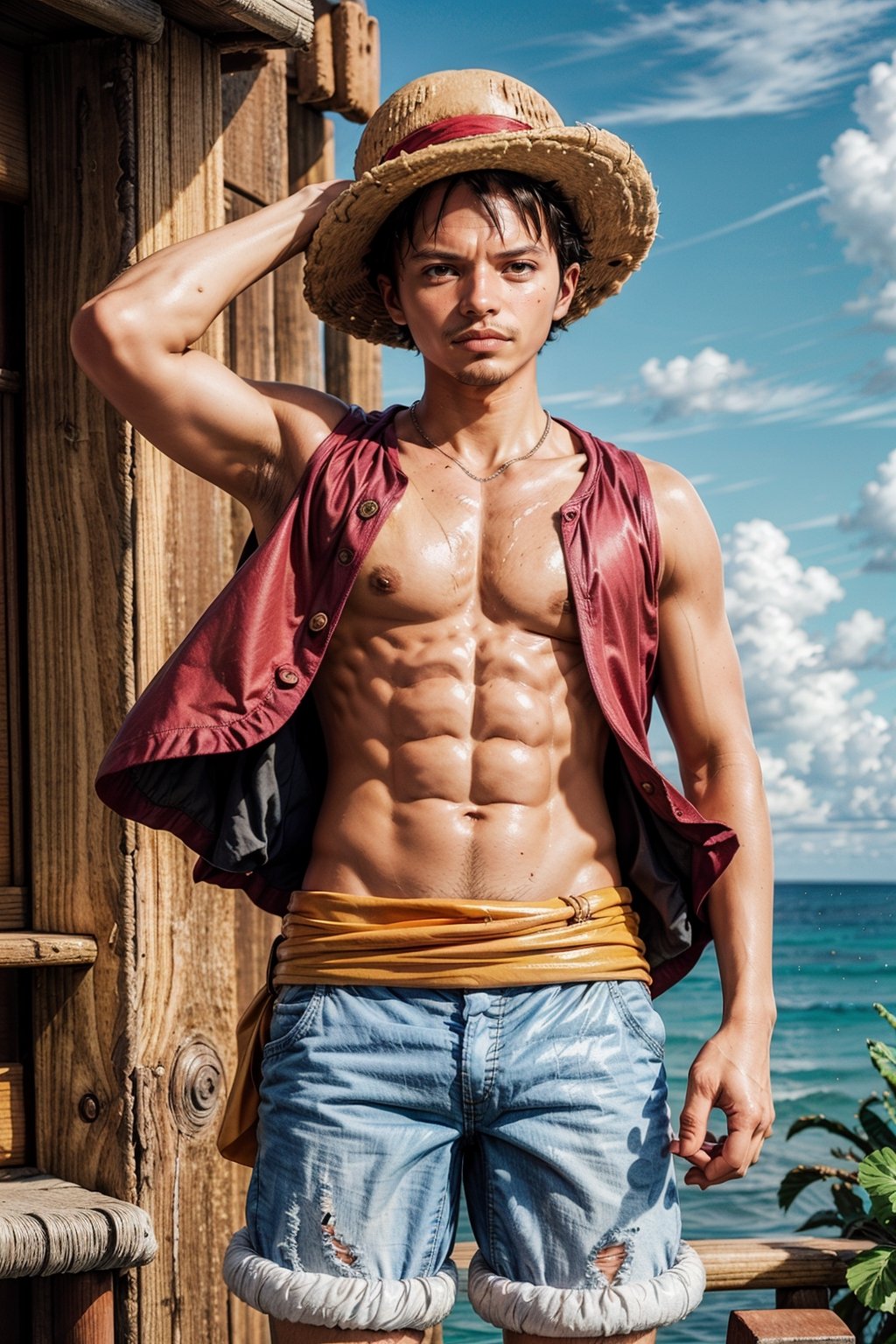  looking at viewer, scenic view, Extremely Realistic, high resolution, masterpiece, 

1utf1 ((wearing straw hat)), pirate ship background, water, ocean, abs, clenched hand, male focus, red shirt,open clothes, open shirt, sleeveless shirt, short hair, looking at viewer, shorts, sandals, red shirt, solo, straw hat,  