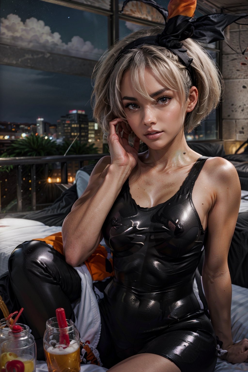   smile,   mature_woman, 27 years old, stern expression, frustrated, disappointed, flirty pose, sexy, looking at viewer, scenic view, Extremely Realistic, high resolution, masterpiece, 

aabea,dark skin,short hair,hair between eyes,bow hairband,black hairband,eyelashes,(black bodysuit:1.2),covered navel,barefoot,,indoors,sitting,bed,blush,(embarrass:1.2),night,crew neck,

,aabea