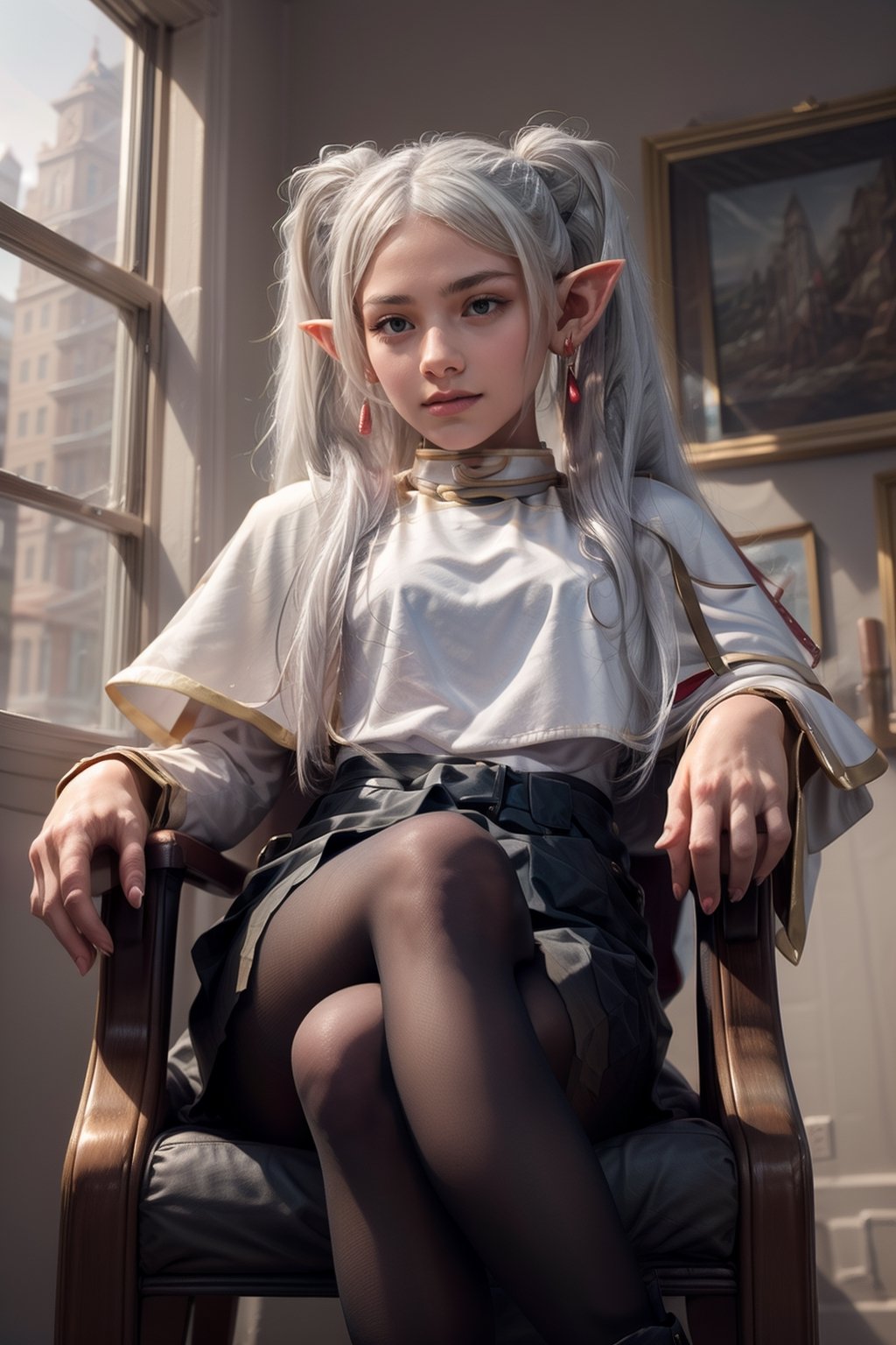   smile,   mature_woman, 27 years old, stern expression, frustrated, disappointed, flirty pose, sexy, looking at viewer, scenic view, Extremely Realistic, high resolution, masterpiece, 


(frieren, white hair, 1girl, long hair, pointy ears, twintails, jewelry, elf, earrings, )

white capelet, long sleeves, white gloves, black skirt, pantyhose, 

 smiling, crossed legs, sitting in a chair, elbows on chair, tortura_wz, 
