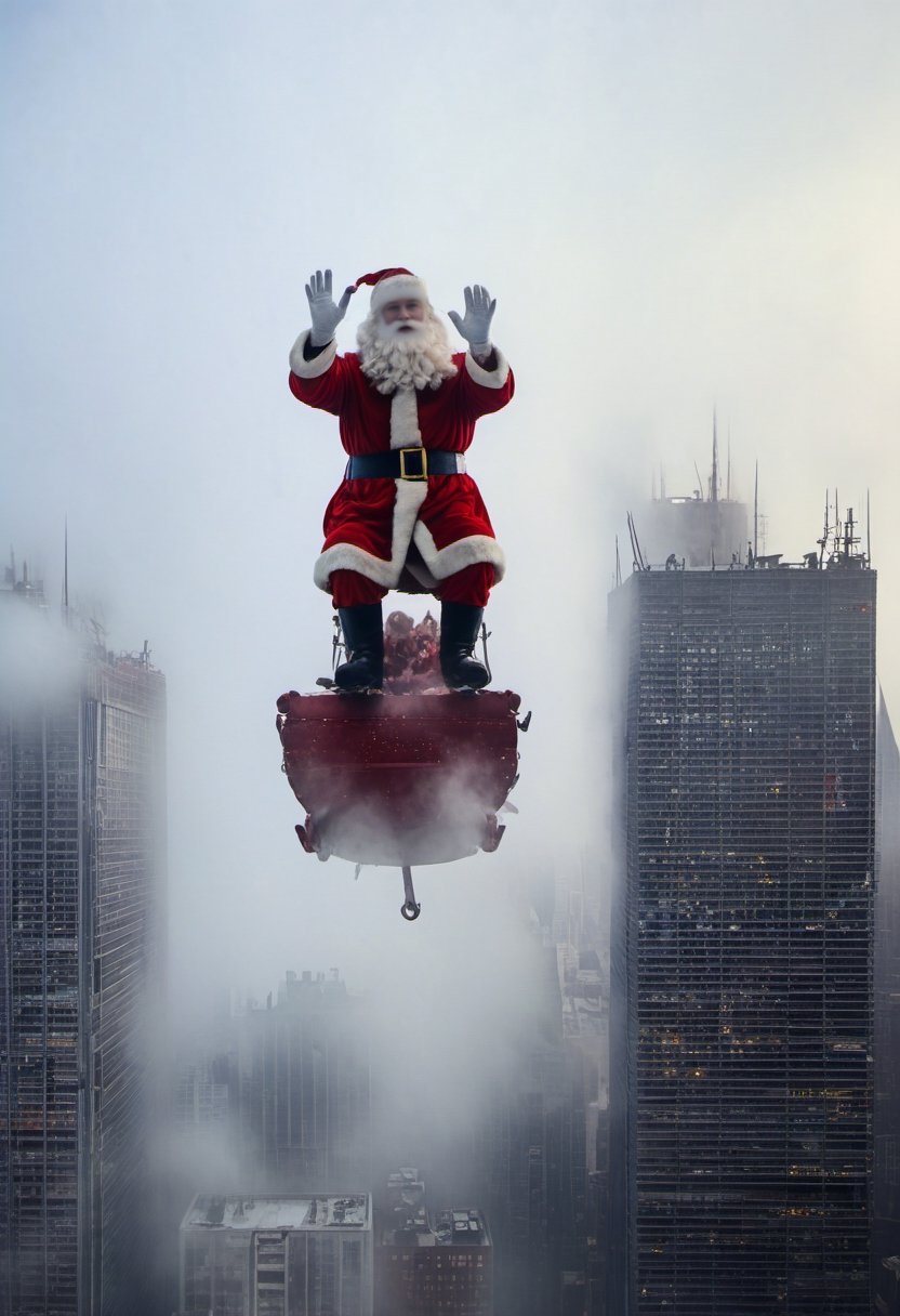 santa claus rides his sleigh through the air , high buildings, fog below, insane details, hyperrealistic, highly detailed, 8k, trending on artstation, shot lit and composed by Tim Walker, shot on a RED digital camera, Sigma 85mm f/1.4,,<lora:659095807385103906:1.0>, <lora:659095807385103906:1.0>, Happy New Year,<lora:659095807385103906:1.0>