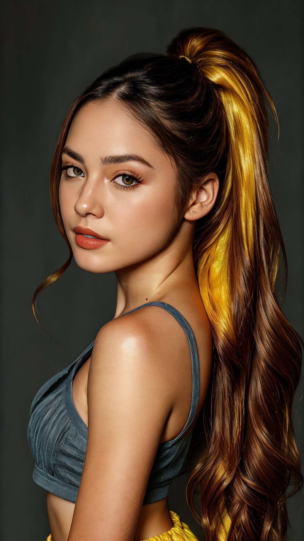 A close-up shot of a stunning girl athlete wearing a short skirt and a ponytail atop her head. Her long brown locks cascade down her back with vibrant yellow highlights that catch the light. Her bright blue eyes sparkle with intensity as she applies bold red lipstick. The camera frames her face, emphasizing the masterful makeup job and the hyper-qualitative details of her appearance. A realistic style captures the textures of her hair and skin, creating a masterpiece of visual artistry.