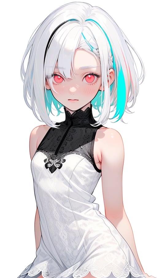 (photorealistic:1.4), (masterpiece, sidelights, exquisite gentle eyes), (character focus,close to viewer,masterpiece) , realistic,cute face、 3D face,(flat color:1.5,(white hair,straight hair,colored inner hair:1.5),(1 girl),(pink eyes),(full body:1.2),(simple mini　sleeveless white lace dress:1.4),blush、hair ribbon、
(cute face),(clear face:1.5),Gentle face,(small breasts),(white,black background:1.5)、(glowing eyes:1.2)、
neat and clean、adorable、Slim Body,(tareme:1.5),,shiny hair, shiny skin、,niji,sketch,manga