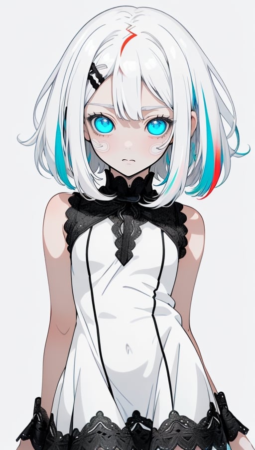 (photorealistic:1.4), (masterpiece, sidelights, exquisite gentle eyes), (character focus,close to viewer,portrait、　masterpiece) , ((anime coloring:1.5)),cute face、 3D face,(flat color:1.5,(white hair,straight hair,colored inner hair:1.5),(1 girl),(blue eyes),(cowboy shot:1.2),(simple mini　sleeveless white lace dress:1.4),blush、hair ribbon、
(cute face),(clear face:1.5),Gentle face,(small breasts),(white　black background:1.5)、(glowing eyes)、
neat and clean、adorable、Slim Body,(tareme:1.5),,shiny hair, shiny skin、,niji,sketch,manga