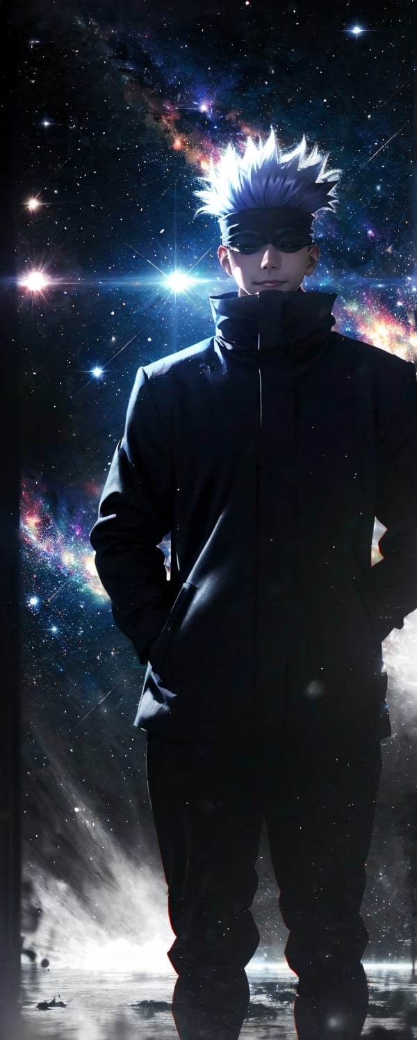 full body, focus straight_shota, Gojo Satoru, black jacket, blindfolded, Jujutsu kaisen, mix of fantasy and realism, special effects, fantasy, ultra hd, hdr, 4k, realhands, neutral smile face, perfect, outer space background, stars and galaxies