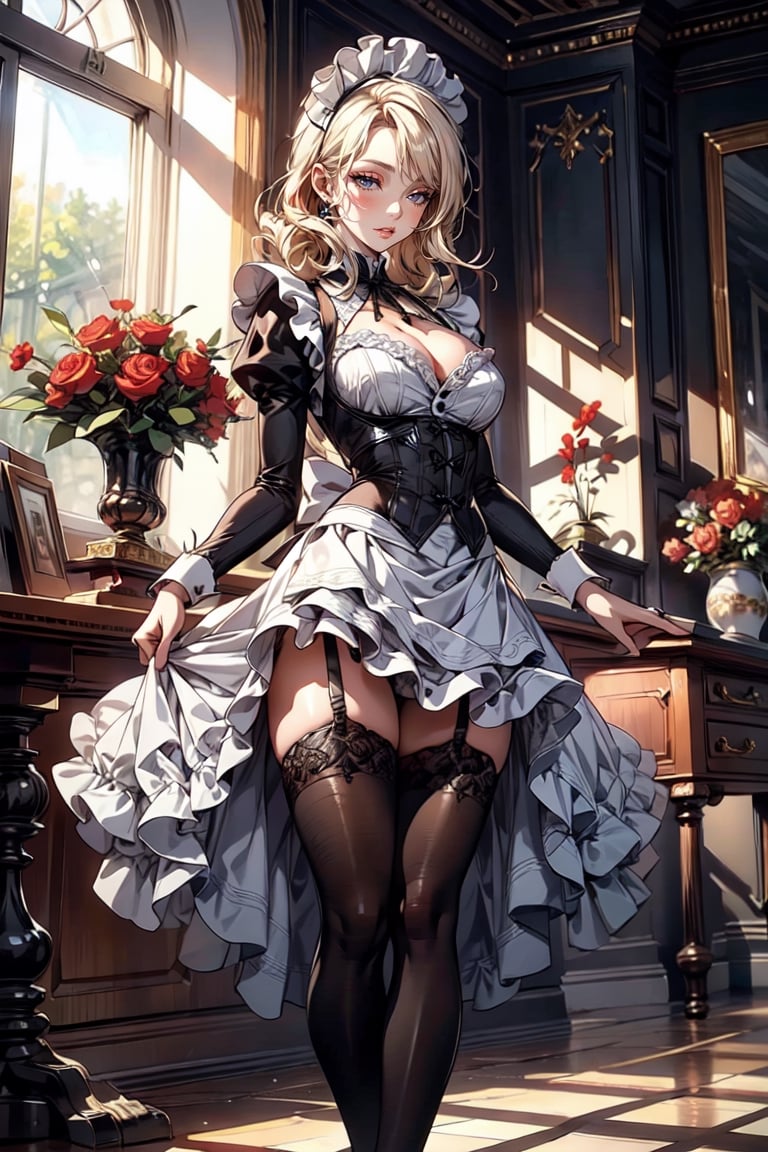 {masterpiece: 1-5}, {big breasts: 1-5}, 1 girl, mature woman, beautiful Girl ,{extremely detailed and delicate anime face and eyes: 1-5}, {whole body: 1-3}, {natural light, HDR, extremely details CG: 1-3}, {dynamic posture: 1-3}, {correct body anatomy}, {wide hips: 1-5}, {thighhighs}, single focus, toned body, wide hips, Beautiful Lips, thick lips, {surreal}, {correct posture}, {minutes details }, {detailed body}, {detailed clothing}, {Bright Eyes}, {cleavage: 1-5}, {accessories}, {sexy}, {solo}, Victorian Maid, maid uniform, white maid cap, maid cap, White cap, cap, traditional maid, maid headdress, skirt, Victorian Maid Dress, maid apron, Chorrera, Katyusha, curly hair, parted bangs, pale blonde hair, {{{{{almost closed eyes}}}}}, pale purple eyes, long sleeves, disdain, pointe shoes, black heels, lace-trimmed legwear, black lace trim leggings, garter straps, black legwear, british aristocratic society, wealthy mansion background,